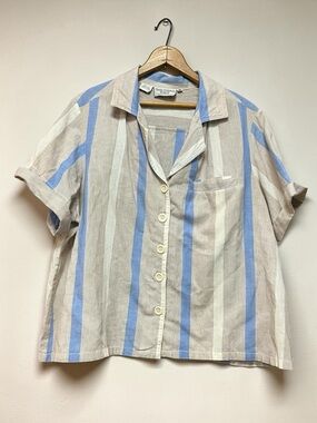 VTG Sandy Starkman Lightweight Striped Button-Up Shirt in Blue & Beige size 42